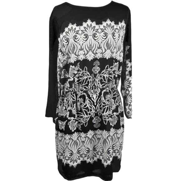 BCBGMAXAZRIA Shift Dress Black Paisley Lace Print Round Neck Tunic Medium EUC - Picture 4 of 9
